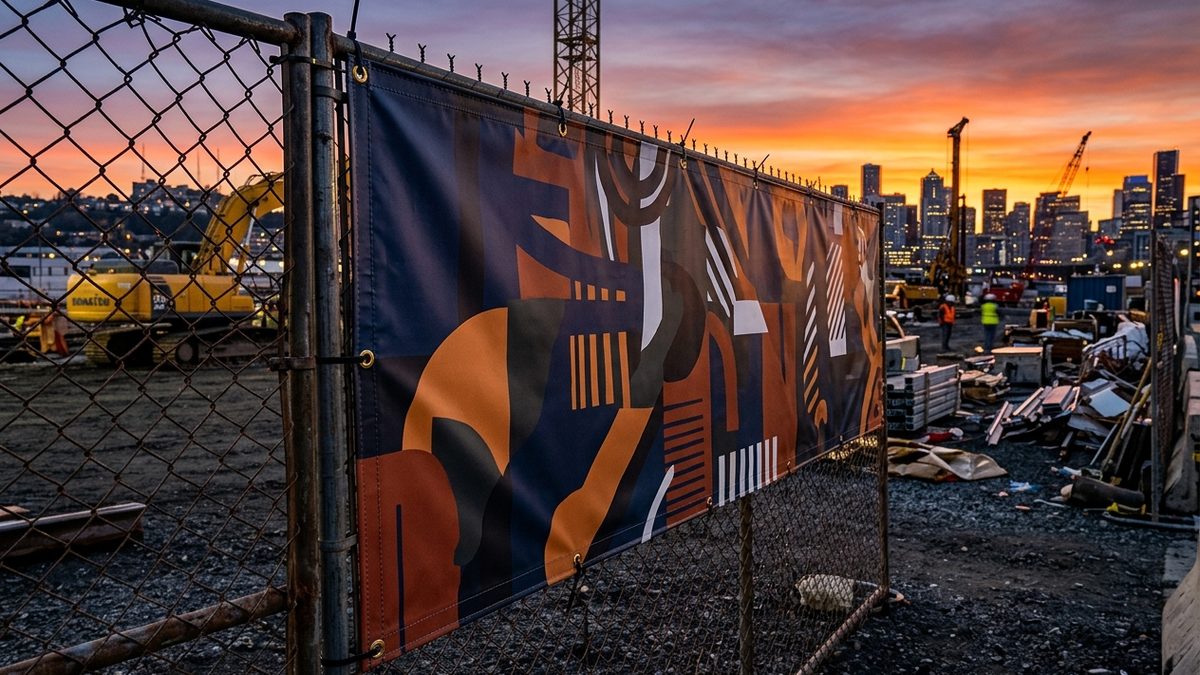 Heavy-duty 18oz blockout banner installed on a construction fence