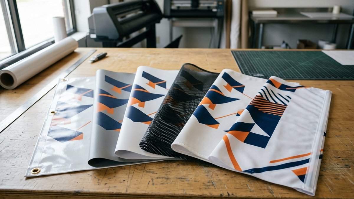 Six banner material swatches fanned out on a print shop table: vinyl, blockout, super smooth, mesh, fabric and tension fabric