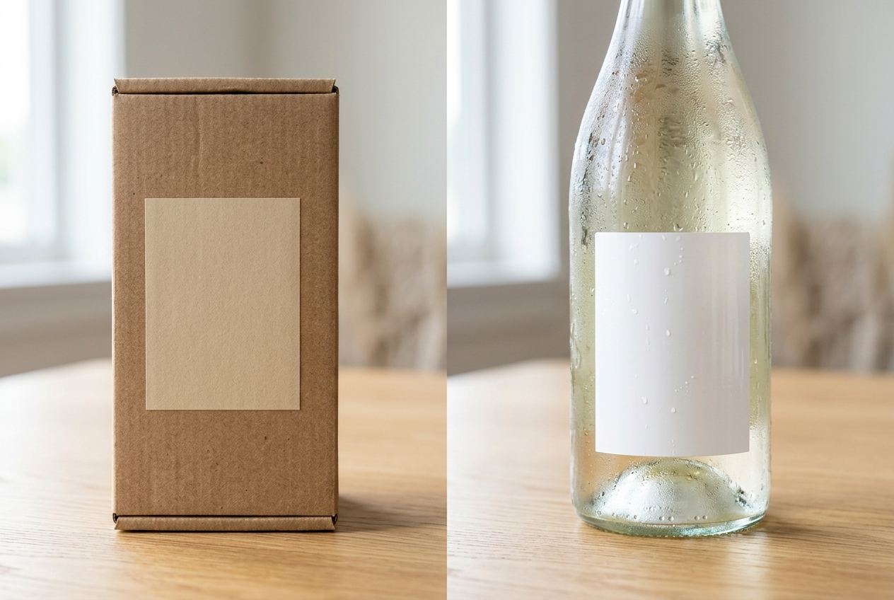 A kraft box with a matte paper label beside a chilled, wet glass bottle with a white BOPP label that stays flat