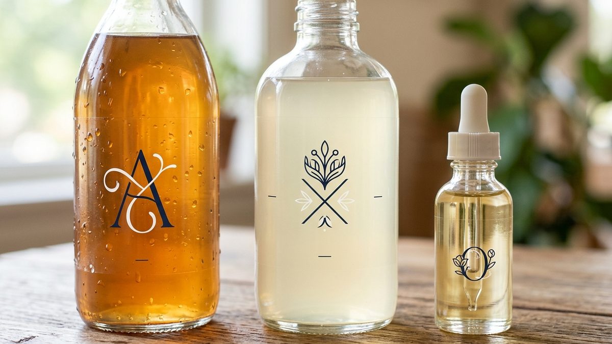 Transparent no-label-look roll labels on kombucha, cocktail mixer and facial oil bottles