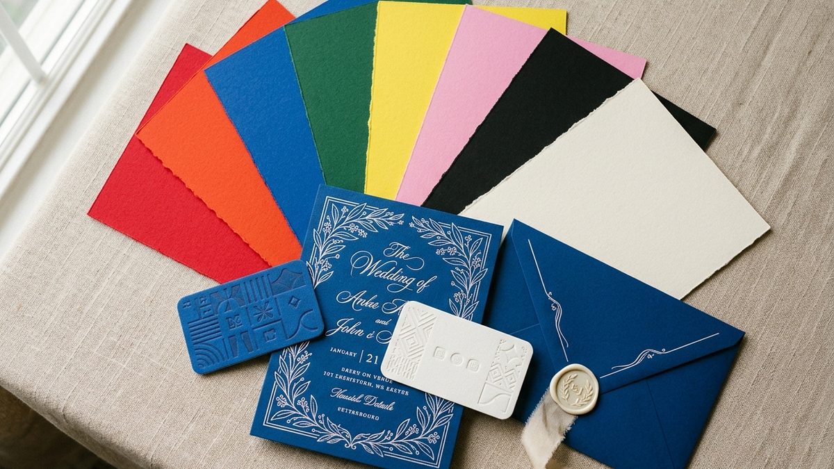 Fan of GF Smith Colorplan coloured card swatches with a duplexed business card and a foiled wedding invitation