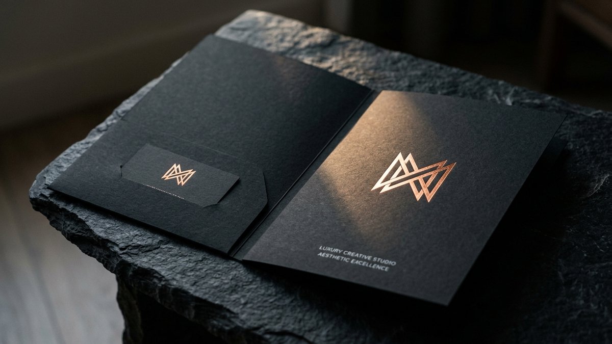 Black Colorplan Ebony presentation folder with a copper hot-foil stamped monogram and white ink text, open on dark stone