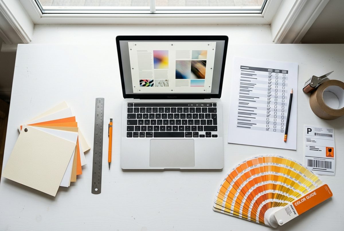 A prepress desk with a print-ready PDF on a laptop, a ticked checklist, Pantone fan, paper samples and a shipping label