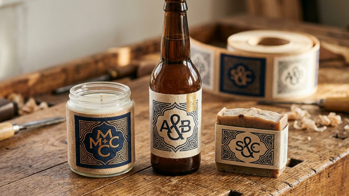 Felt-textured roll labels on a craft beer bottle, a candle jar and a soap bar