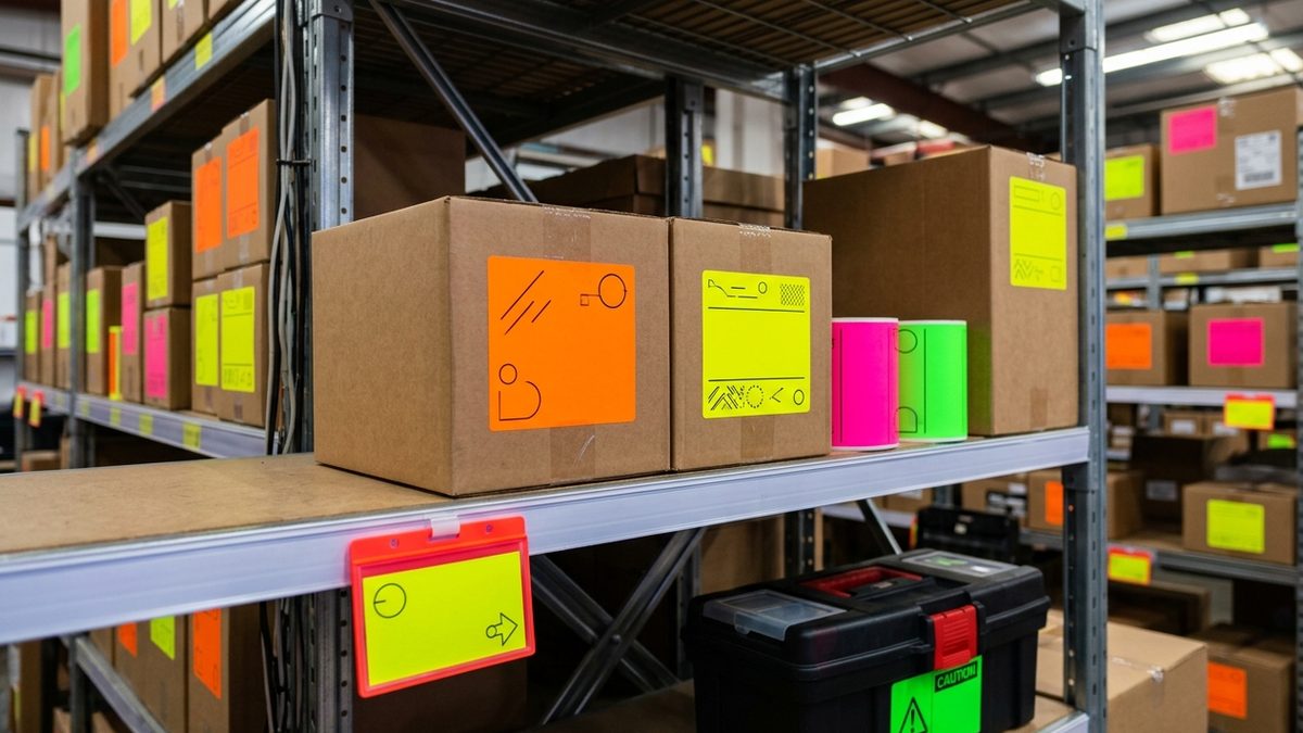 Neon orange, yellow, pink and green fluorescent labels on warehouse cartons and retail shelf tags