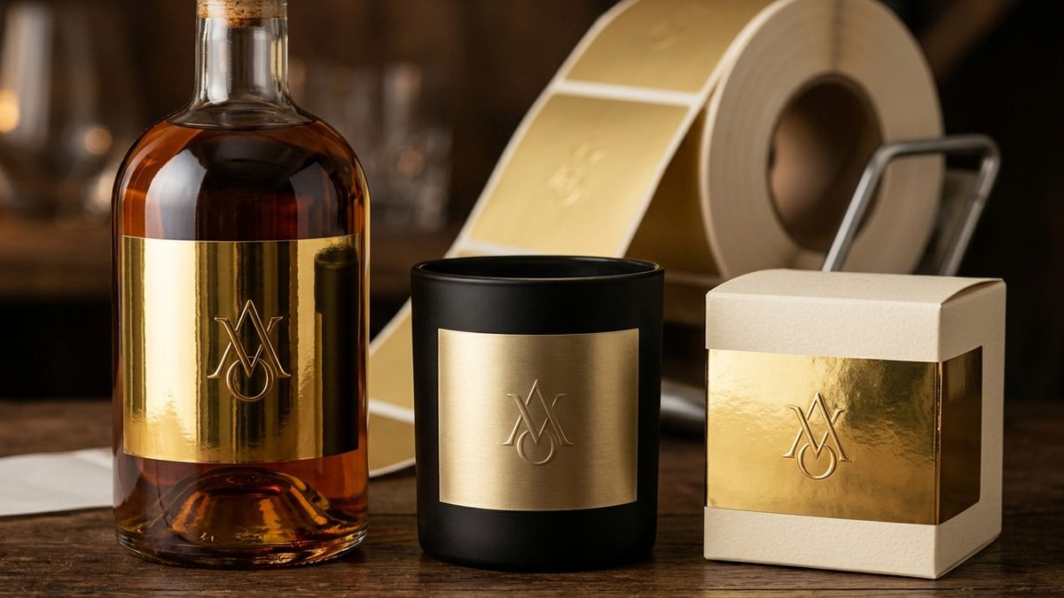 Bright and dull gold metallic roll labels on a spirits bottle, candle jar and cosmetics box