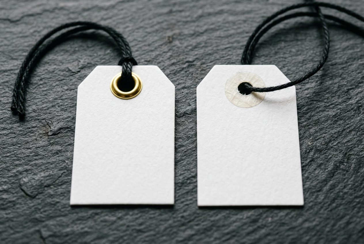 Two white hang tags side by side, one with a brass eyelet and one with a fiber reinforcing patch around the hole