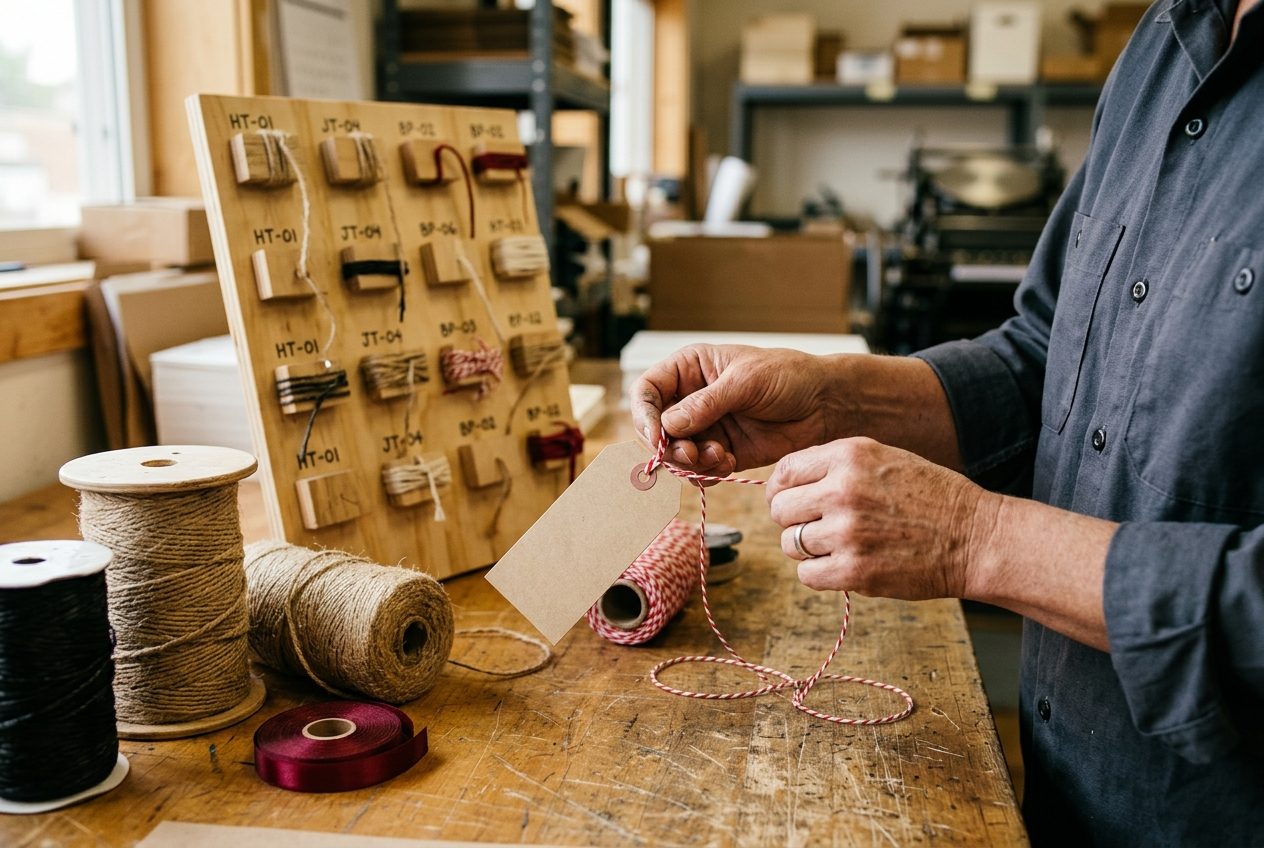 Bindery worker tying bakers twine through a kraft hang tag with spools of string and a string sample board
