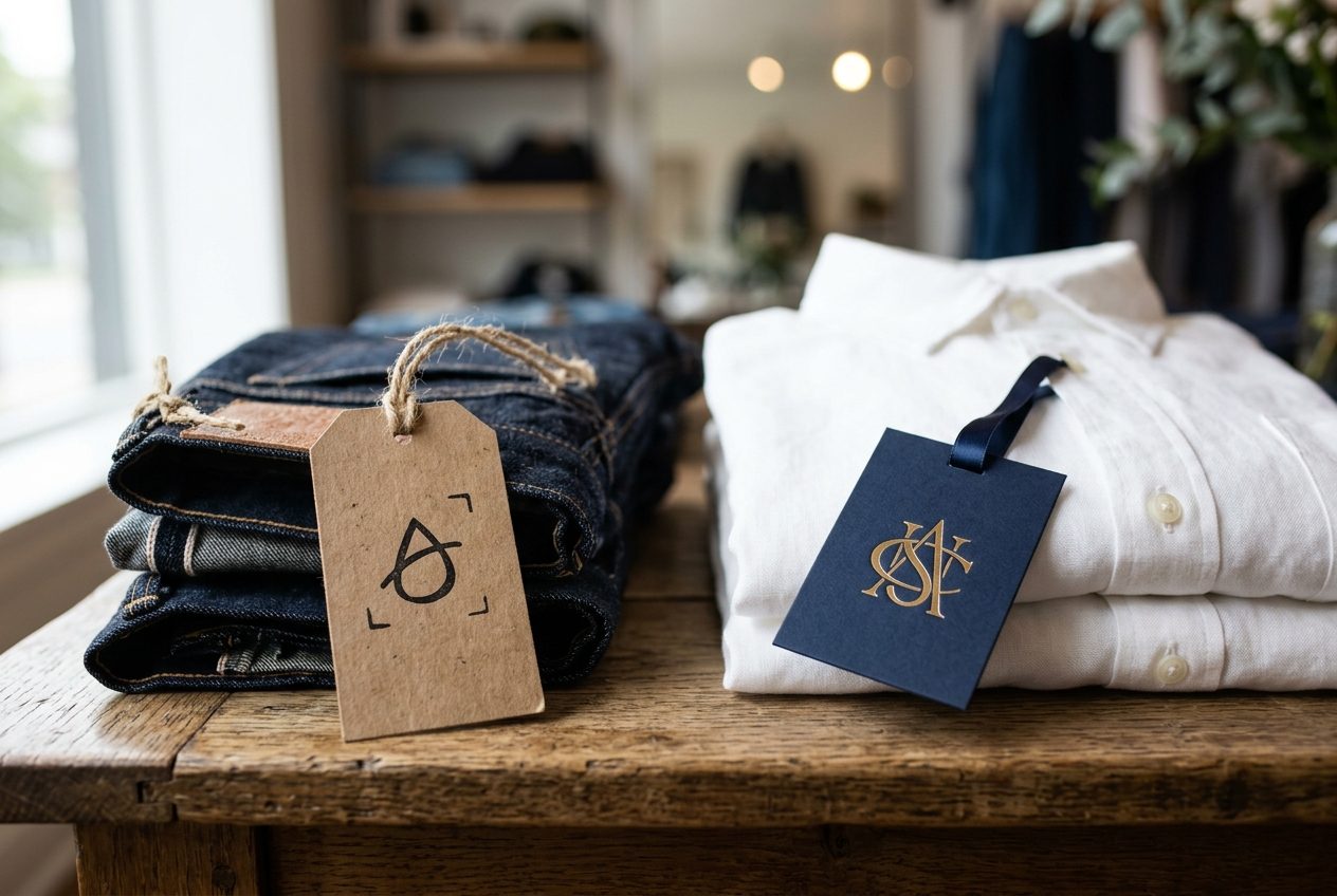Kraft hang tag with jute twine on raw denim beside a navy silk laminated hang tag with gold foil and satin ribbon on a linen shirt