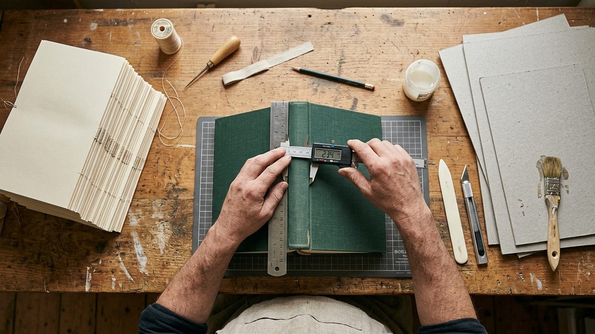 Bookbinder measuring a hardcover spine with digital calipers beside binder's board