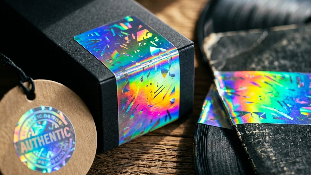 Rainbow holographic roll labels on a cosmetics box and collectible sleeve with an authenticity seal