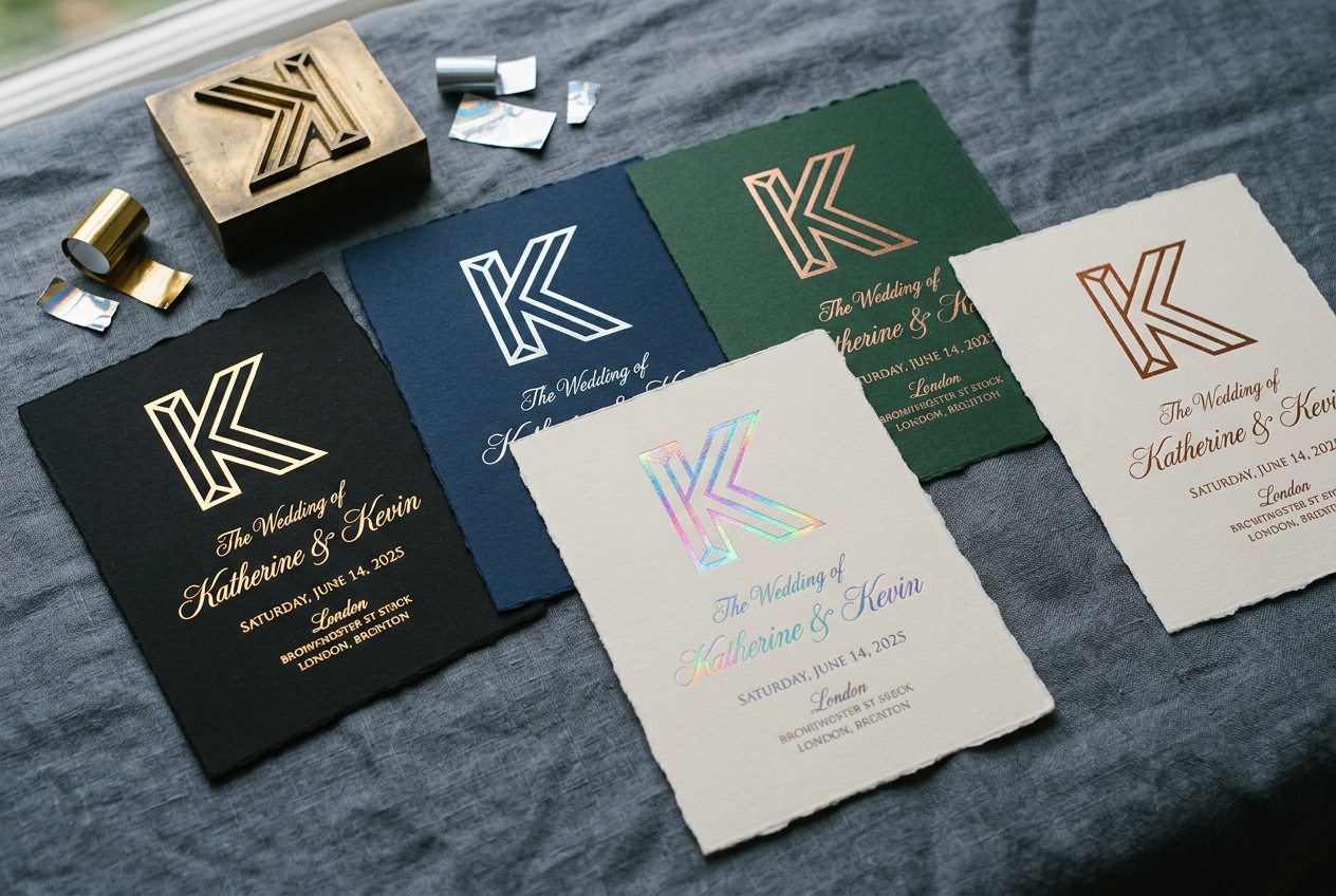 Wedding invitations on ebony, navy, forest and cream Colorplan paper, each hot-foil stamped with a K monogram in gold, silver, rose gold, copper and holographic foil