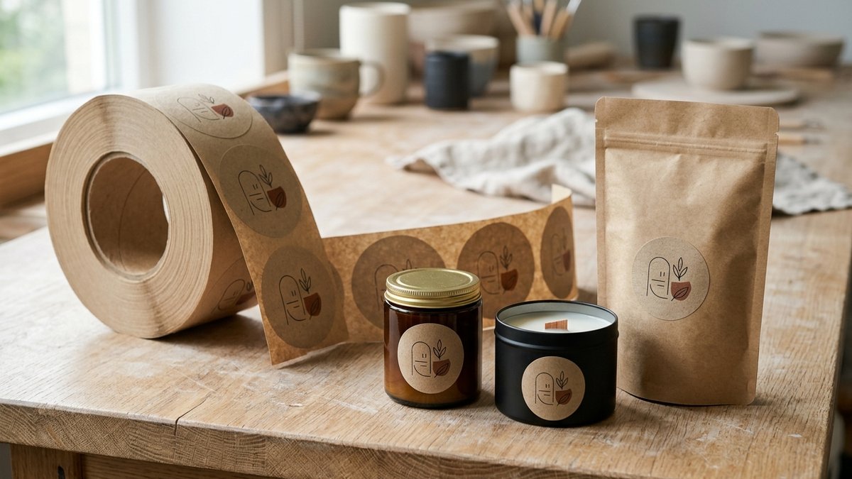 Roll of recycled natural kraft labels unrolled on a workbench beside labelled honey jars, a candle tin and a coffee bag