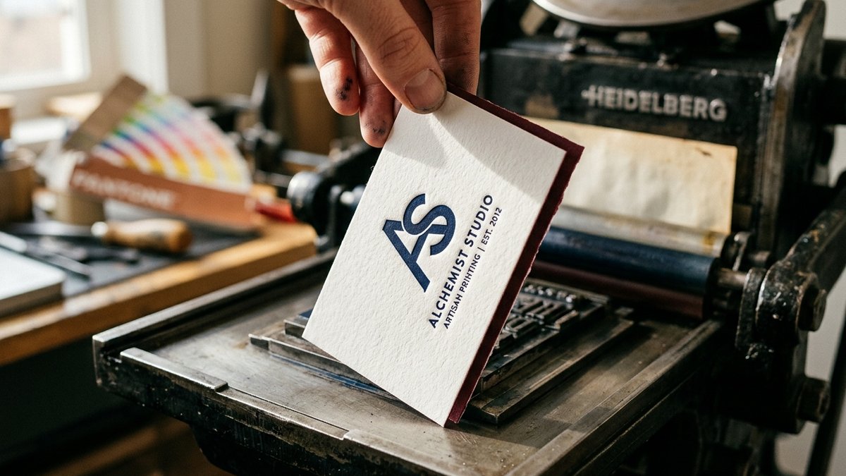 Letterpress business card on duplexed Colorplan being lifted from a Heidelberg platen press, one-colour navy deep impression