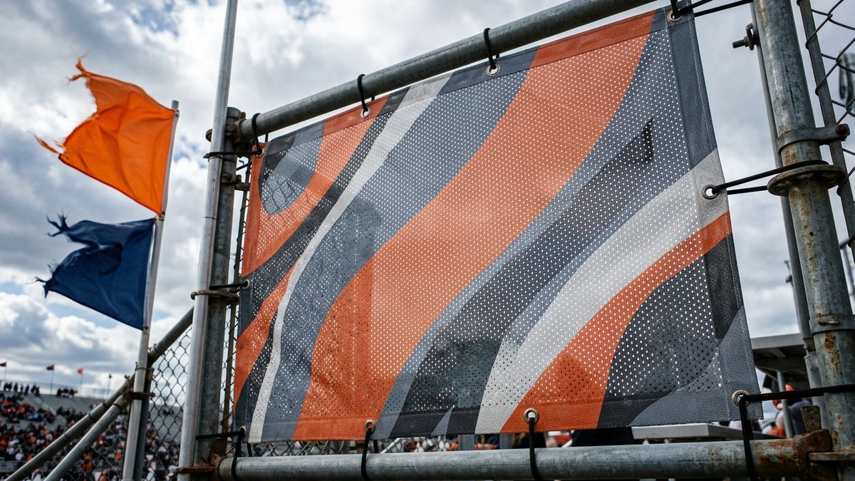 Perforated mesh banner mounted on a construction site fence