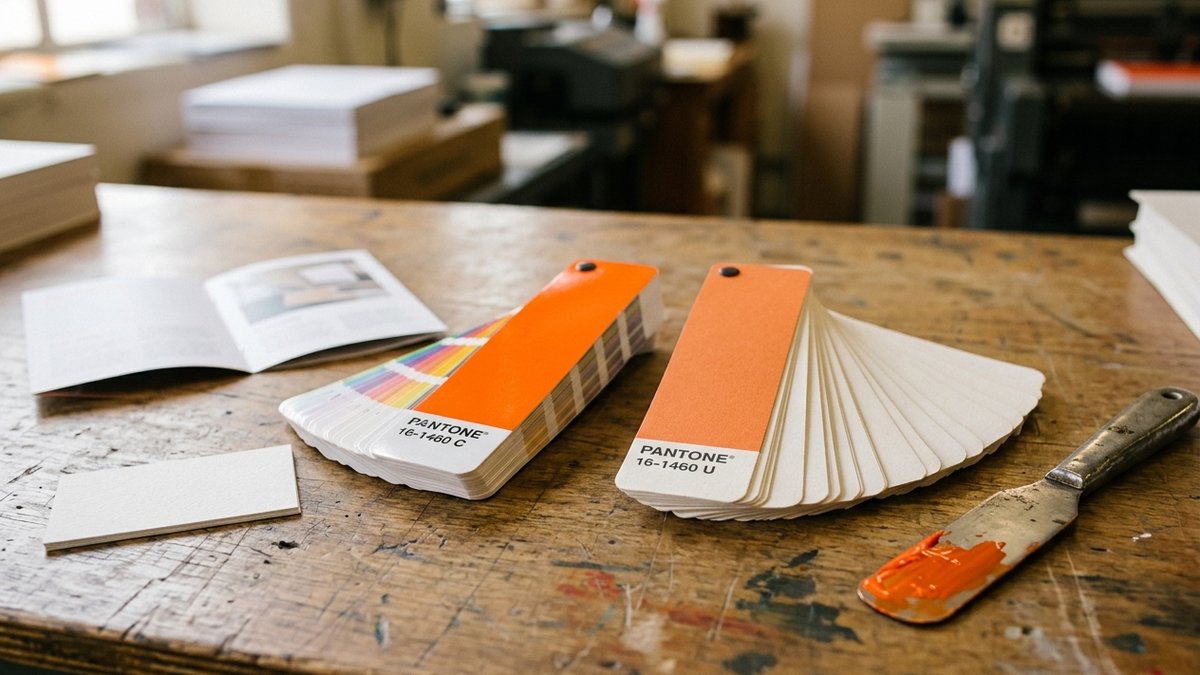 Two Pantone swatch fans on a press table — the same orange on glossy coated stock and on soft uncoated paper, visibly different