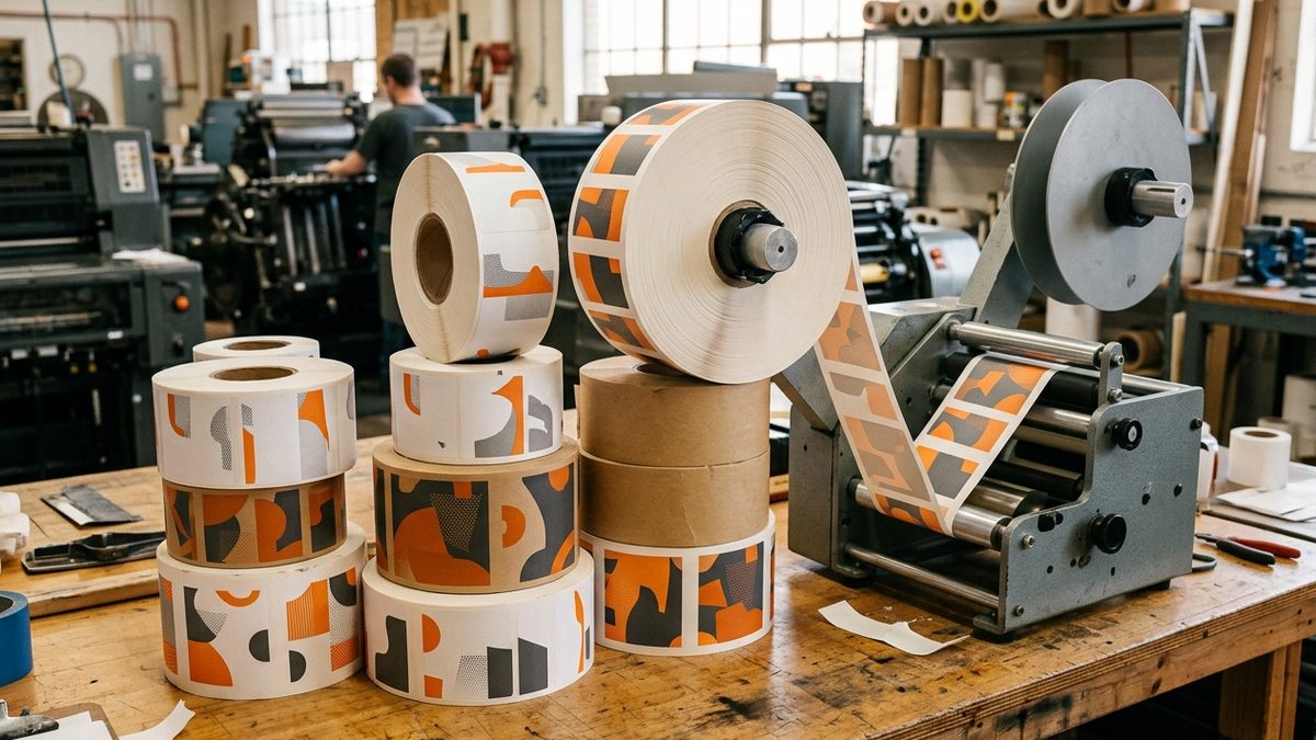 Rolls of custom-printed labels on a printing floor