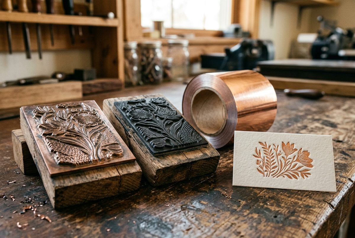An engraved foil stamping die and a letterpress plate on a workbench beside copper foil and an embossed cotton card