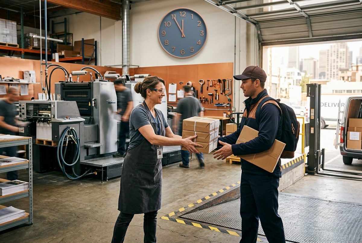 A press operator hands a box of freshly printed cards to a courier at the loading dock with the clock reading 11:00