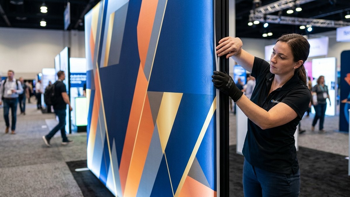 Technician pressing the silicone edge of a fabric graphic into a backlit 10ft SEG display frame at a trade show