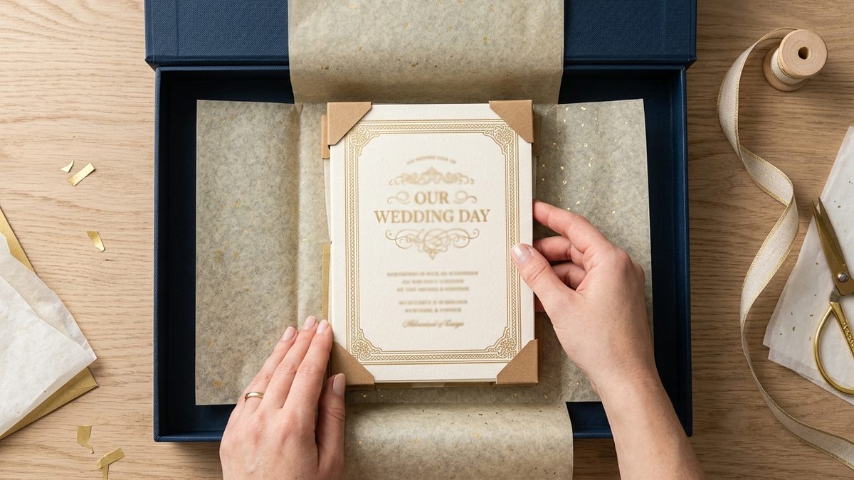 Foil-stamped wedding invitations packaged for shipping