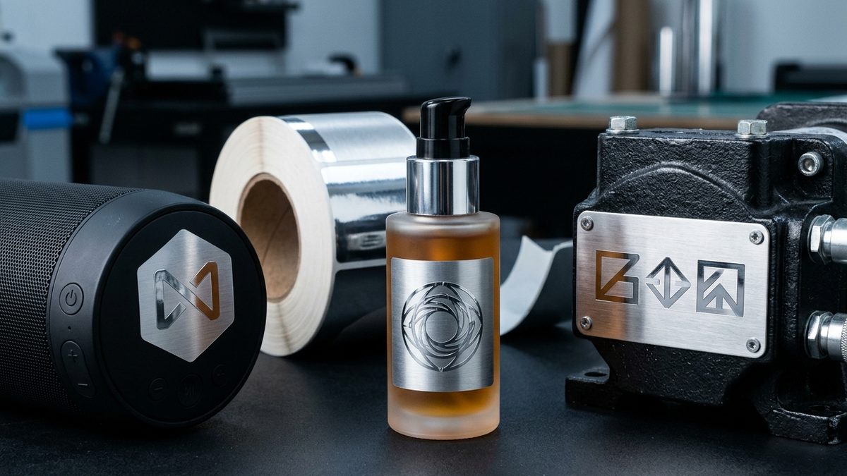 Brushed silver and chrome metallic roll labels on a speaker, skincare bottle and equipment nameplate