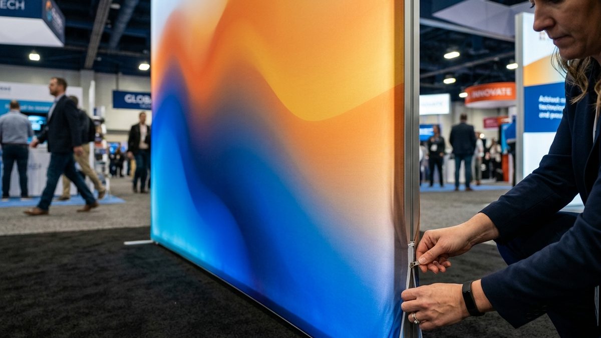 Tension fabric graphic stretched taut over a trade show frame