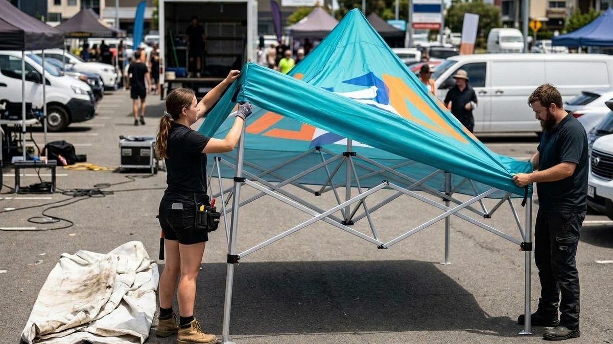 Two people fitting a new printed replacement canopy onto an aluminum pop-up tent frame