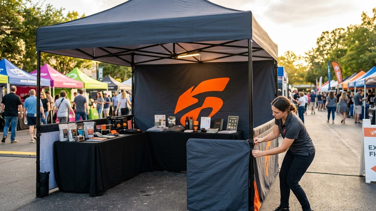10x10 event tent with a full printed back wall and a half-height side wall