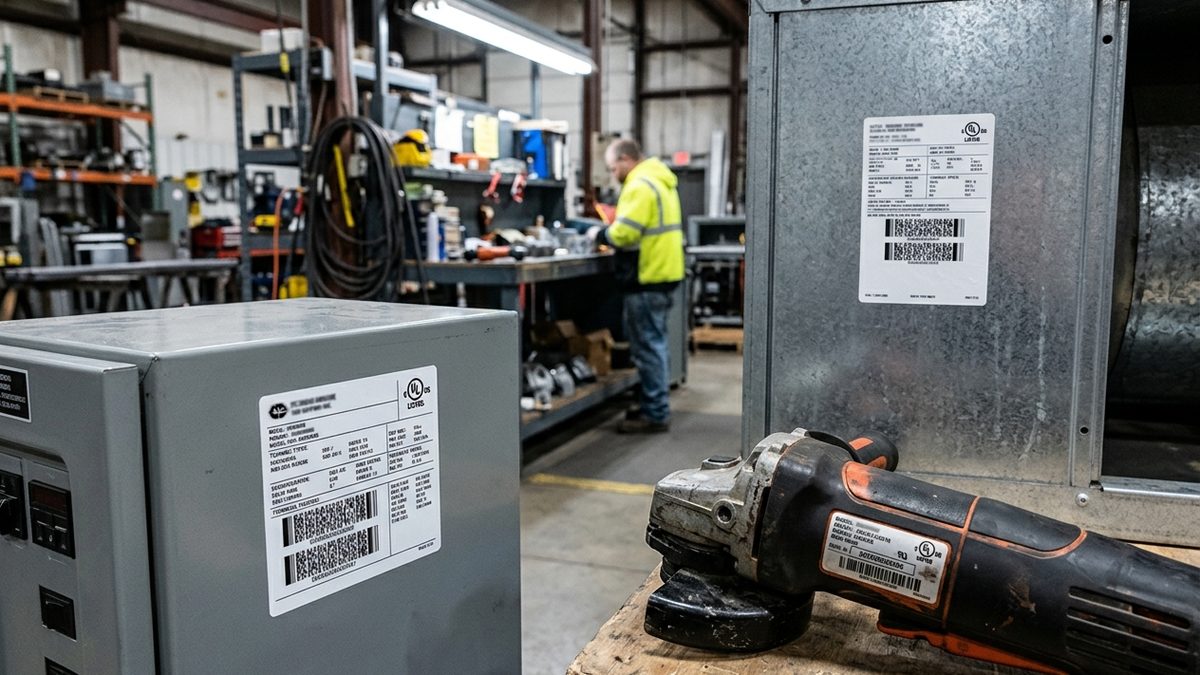 White polyester UL certified rating labels on an electrical control panel, power tool and HVAC unit