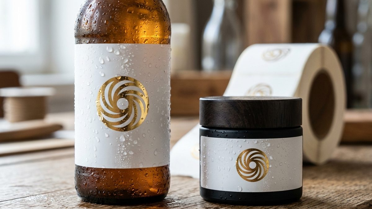 White BOPP synthetic roll labels with gold foil applied to glass bottles