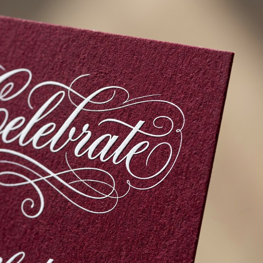 Macro detail of white ink script and hairlines on Colorplan Claret burgundy paper
