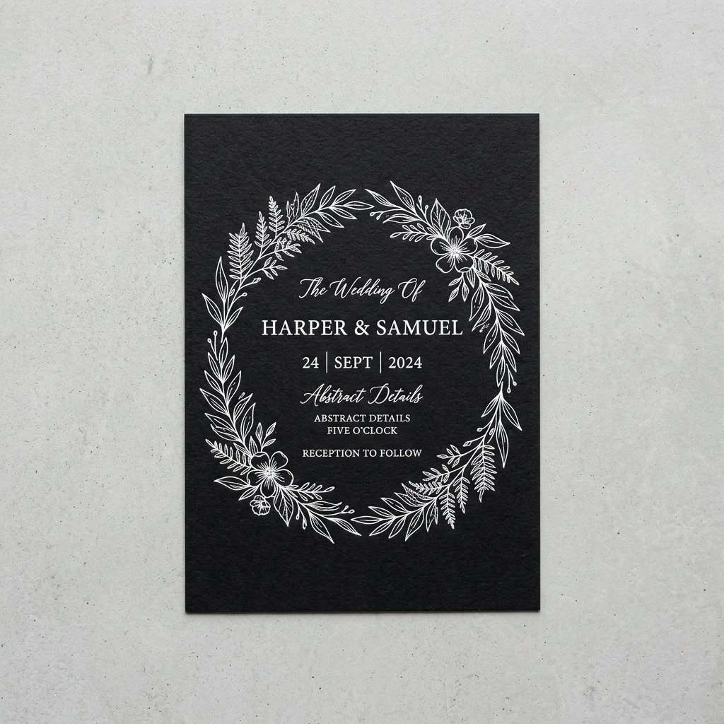 Wedding invitation printed in opaque white ink on black Colorplan Ebony paper