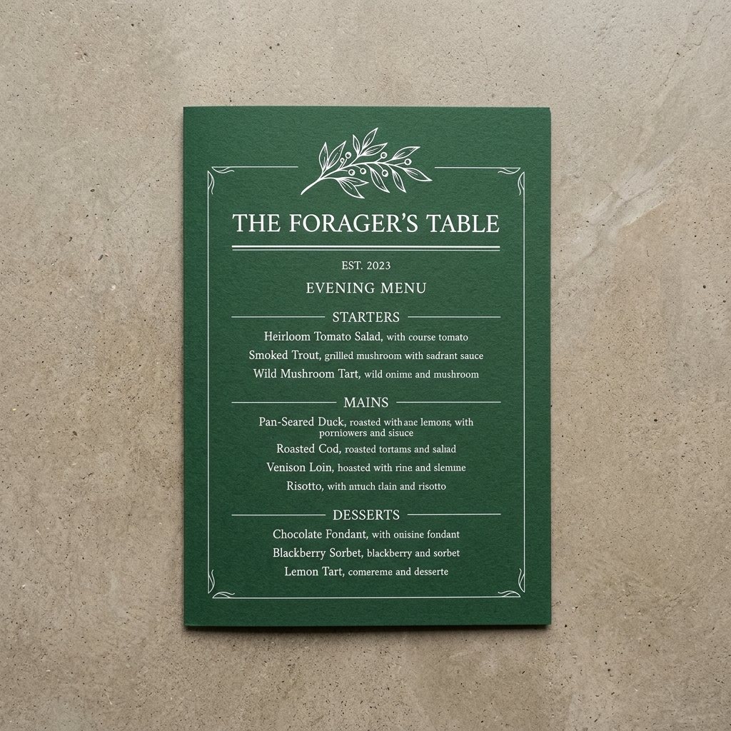 White ink folded menu on Colorplan Racing Green paper