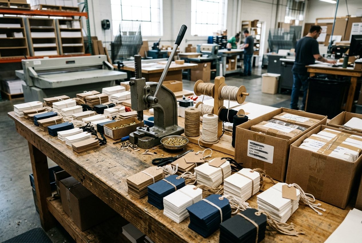Kolt Printing hang-tag bindery bench with strung tags, eyelet press and shipping boxes