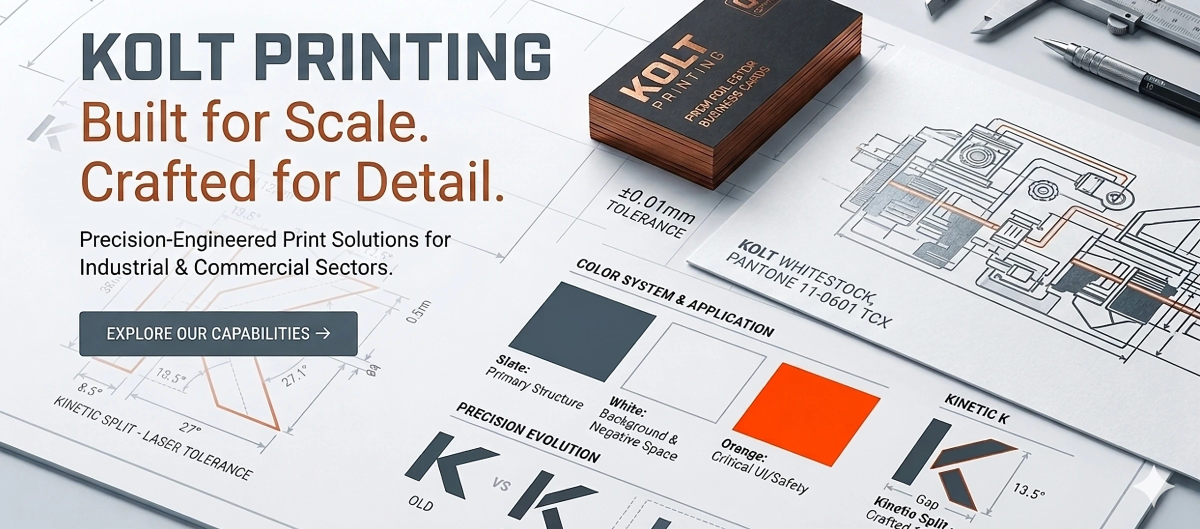 Kolt Printing — custom printing you'll actually love. Foil-stamped business cards, calipers, mechanical pencil and precision blueprint drawings on whitestock paper.